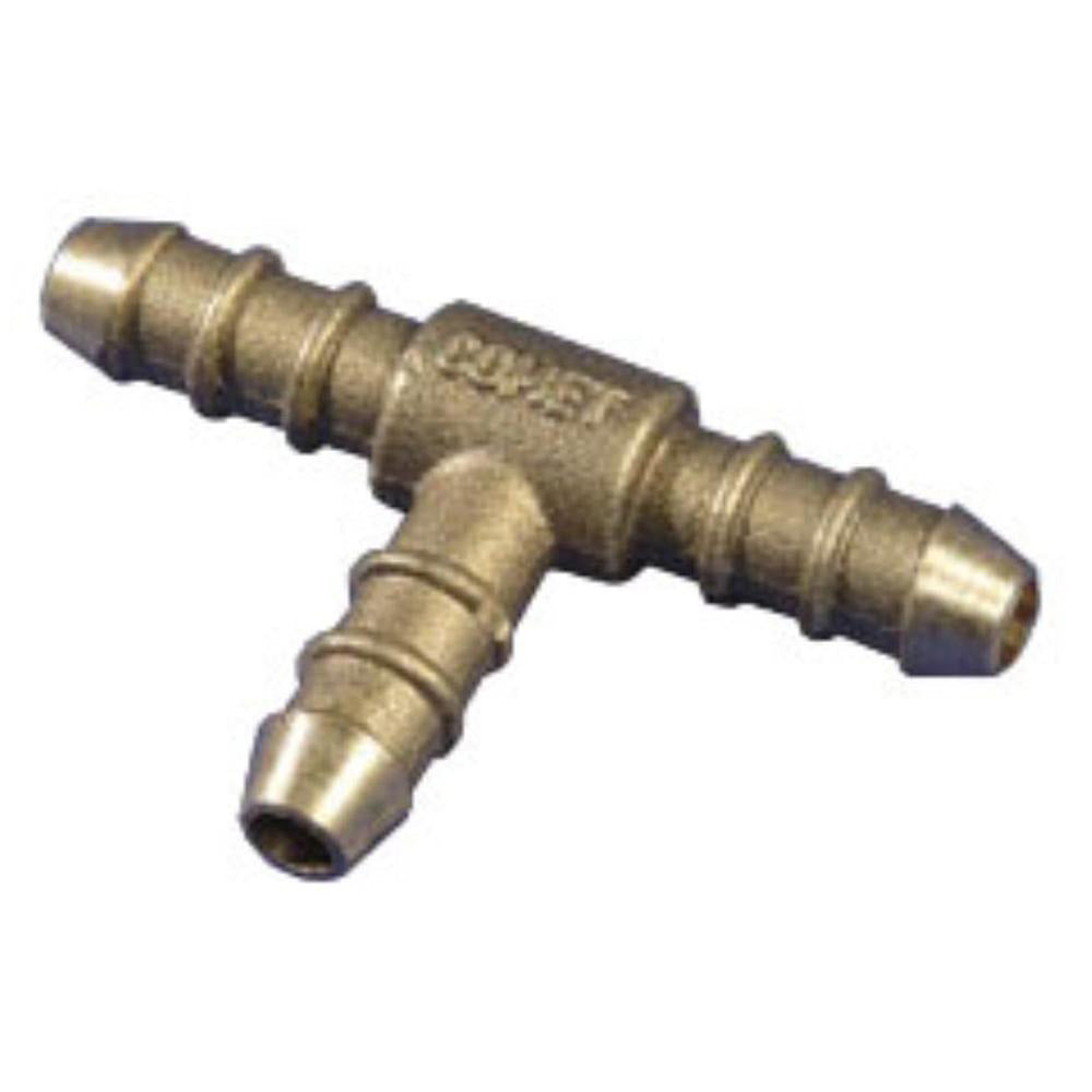 A bronze metal 3 way T gas fitting with barbed hose connections.