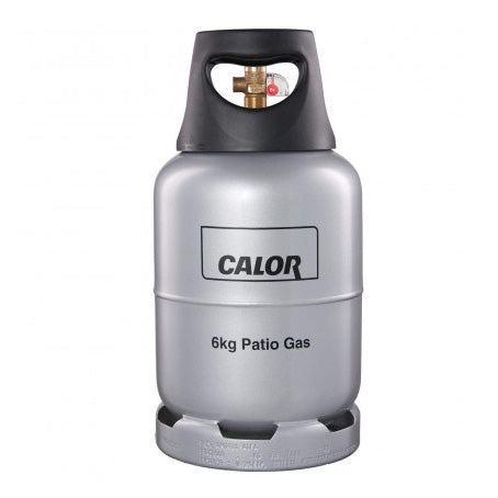 A Calor 6kg patio lightweight gas cylinder in silver colour with black valve and handle.