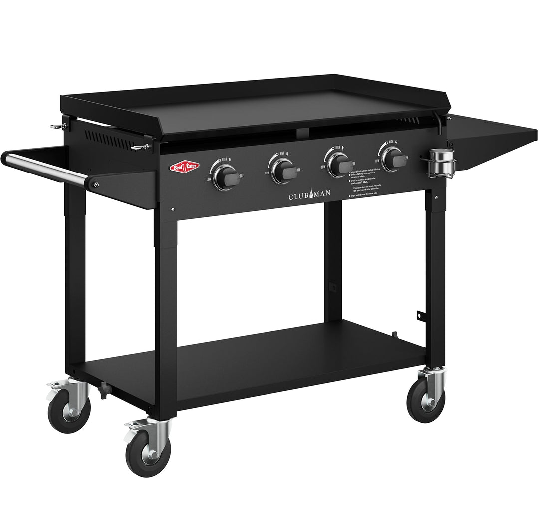 Black outdoor grill with wheels on a white background