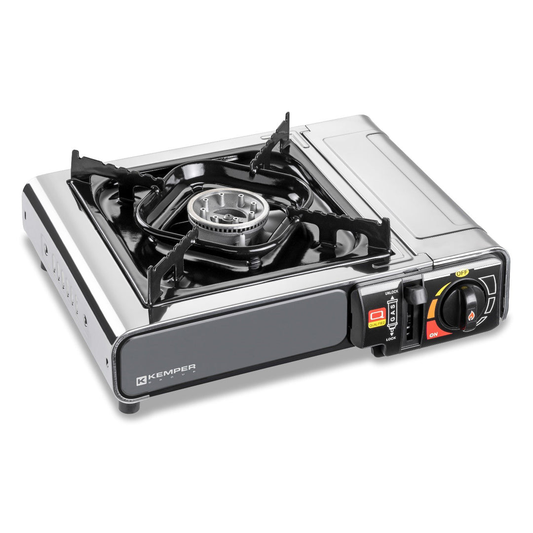 A portable stainless steel gas stove with a black control panel and a silver butane cartridge compartment.